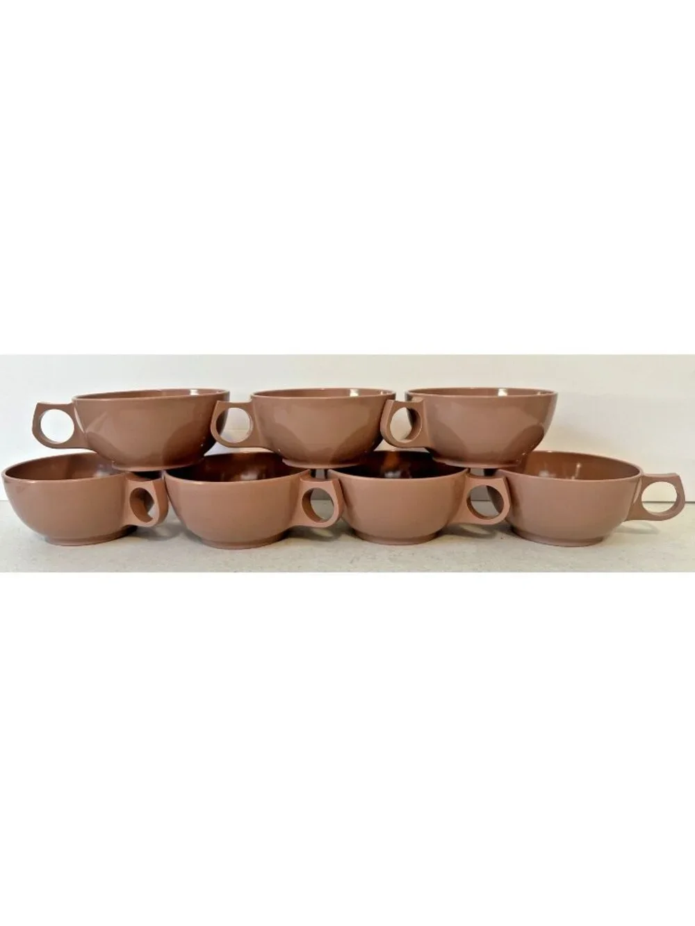 Dusty pink tan melamine 7 cups tea coffee + creamer set Durawear MCM VTG Melmac